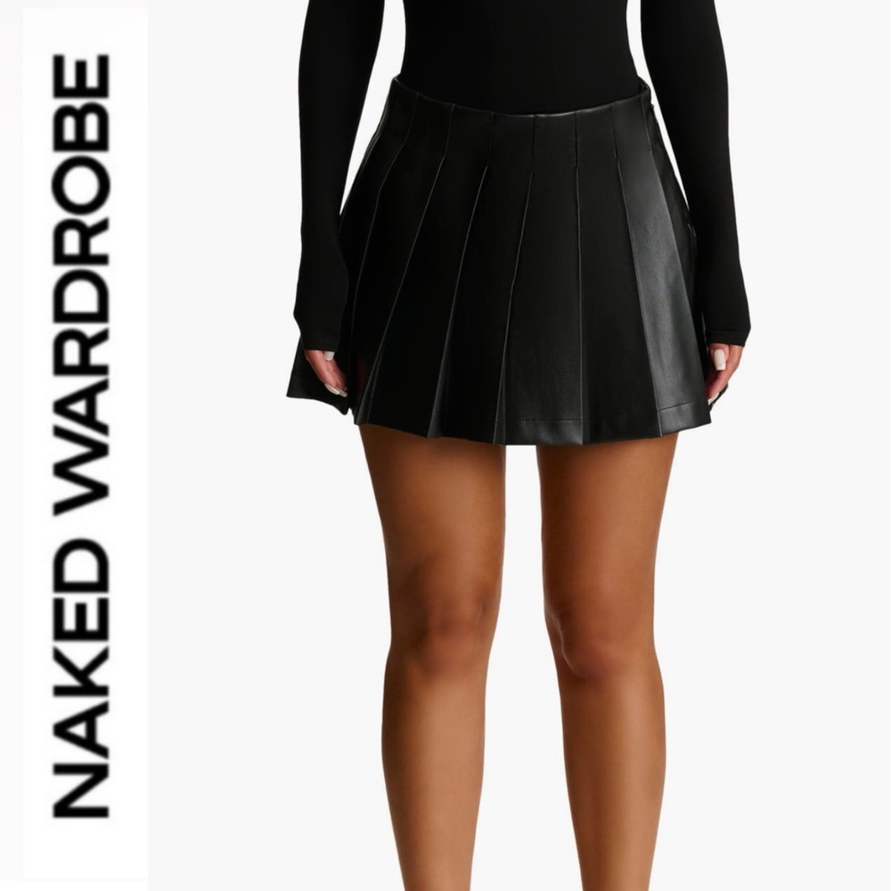 Naked Wardrobe 🖤 pleated faux leather A - line Black Mini Skirt 🖤